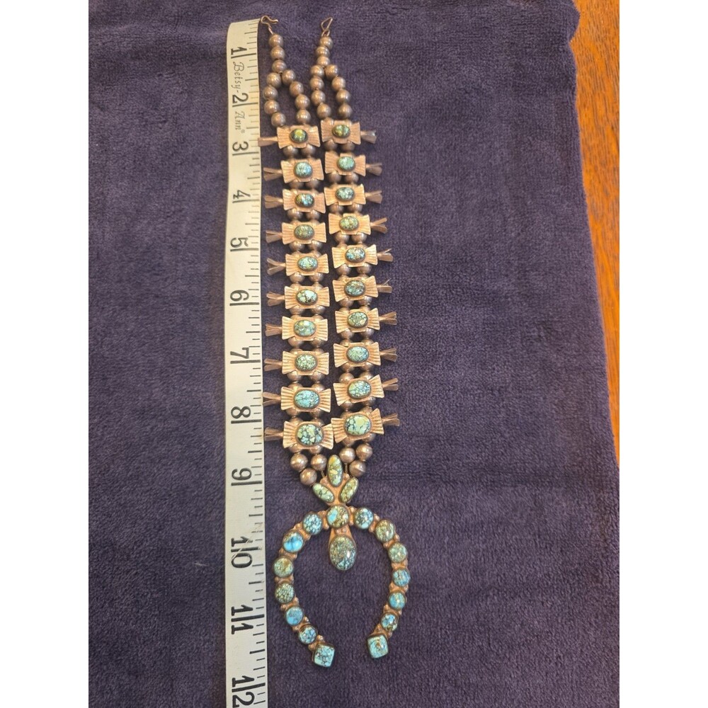 Navajo Bowtie Squash Blossom Spider Web Blue Turquoise Necklace -VINTAGE- SILVER - Picture 2 of 12